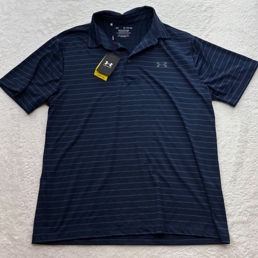 Under Armour Mens Playoff Polo Shirt XL Navy Blue Striped UPF 40 Golf Top NEW